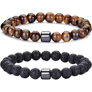 ⚡Rankeef Men 2 Lava Rock Tiger Eye 8MM Natural Stone Crystal Beaded Bracelet